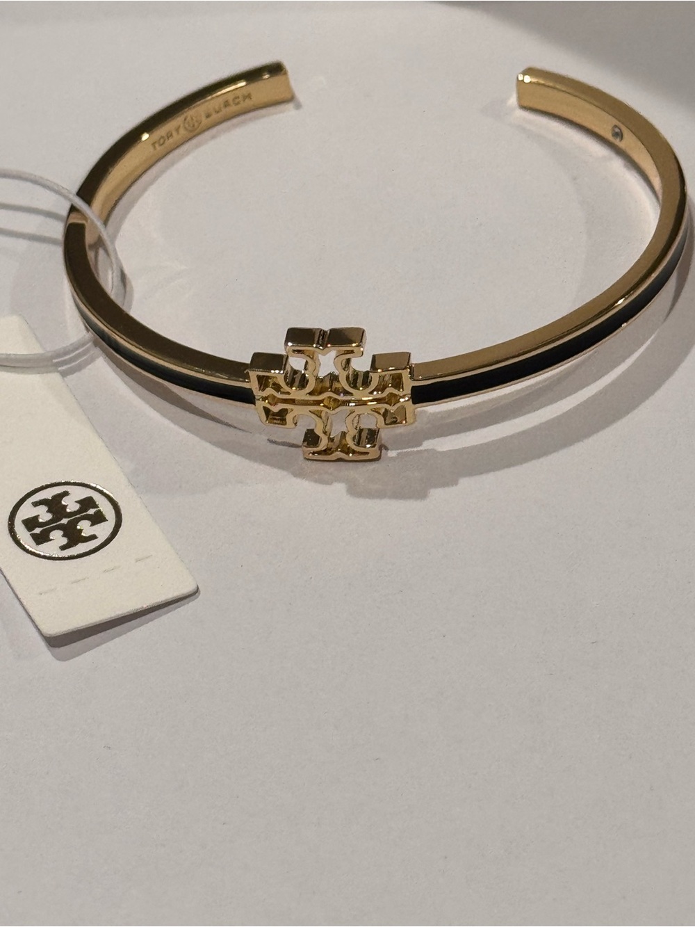 Tory Burch Black Enamel and Gold Logo Slim Bangle
